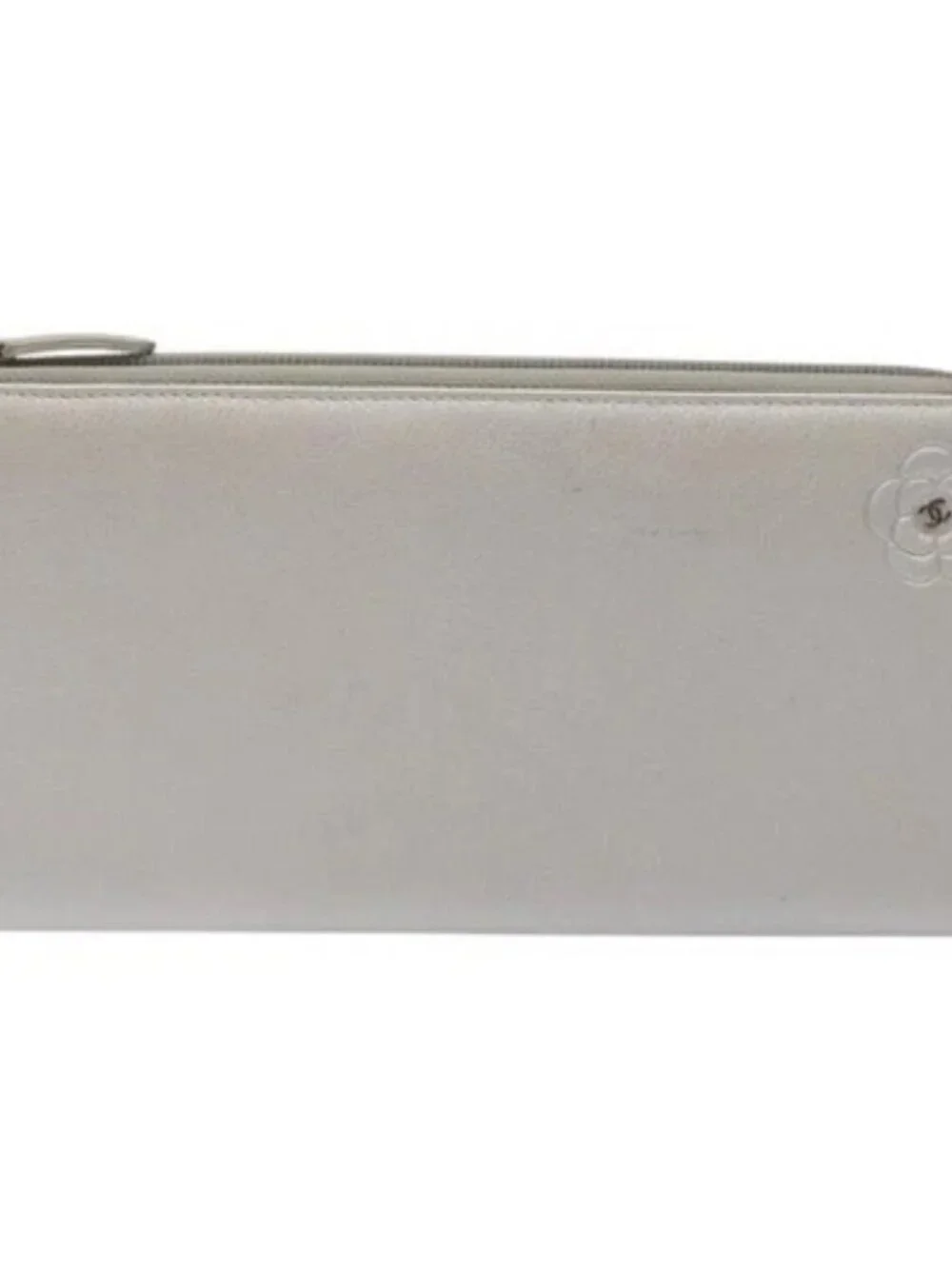 CHANEL Camelia Long Wallet Leather Silver CC Auth am7960